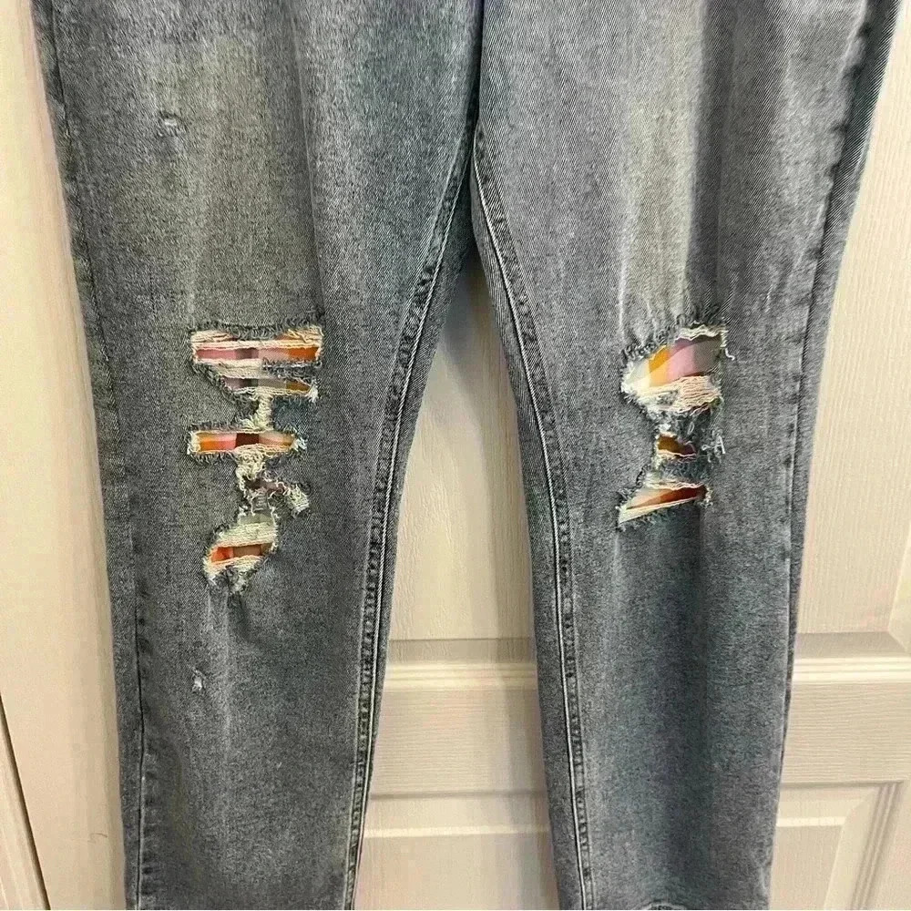 Distressed Denim Jeans with Plaid Print - Picture 6 of 13